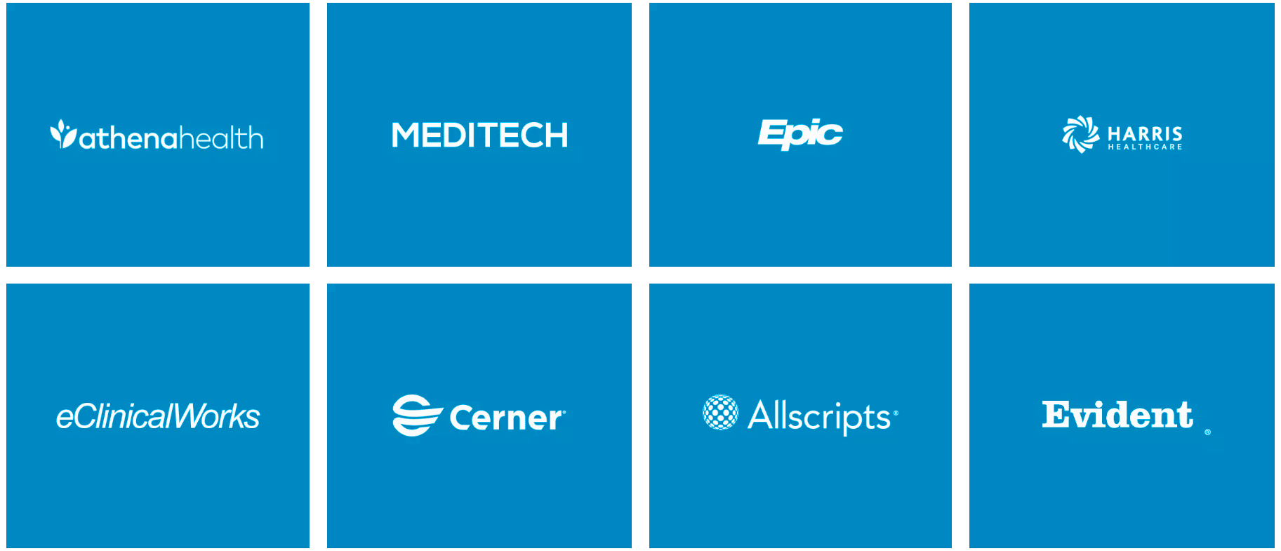 Major EHR integrations including Athenahealth, MEDITECH, Epic, Harris Healthcare, eClinicalWorks, Cerner, Allscripts, and Evident